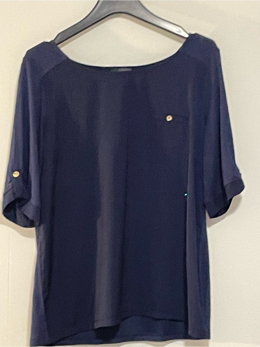 The Limited Navy Short-Sleeve Blouse with Gold Button Accents. Item # 11560